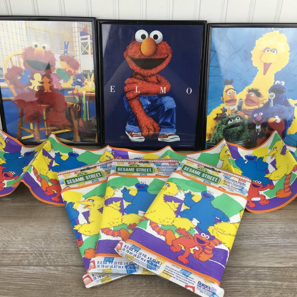 Vintage 90s Sesame Street Wallpaper Border & 3 Wall Hangings, Kids Bedroom Decor